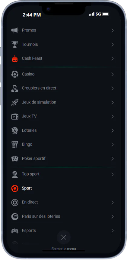 Ceci est l'écran du menu latéral de l'application Pin Up