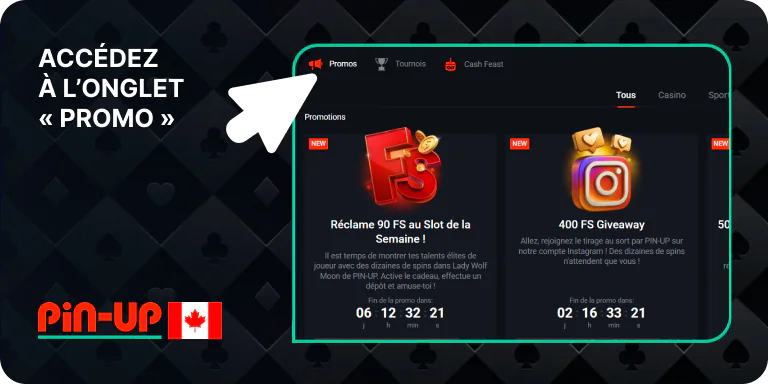 Accédez à la section promotionnelle Pin Up et sélectionnez le type de bonus - pour le casino ou pour les paris sportifs
