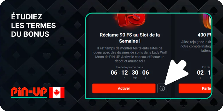 Étudiez les conditions d'un bonus spécifique en cliquant sur l'icône « Info » sous la description du bonus