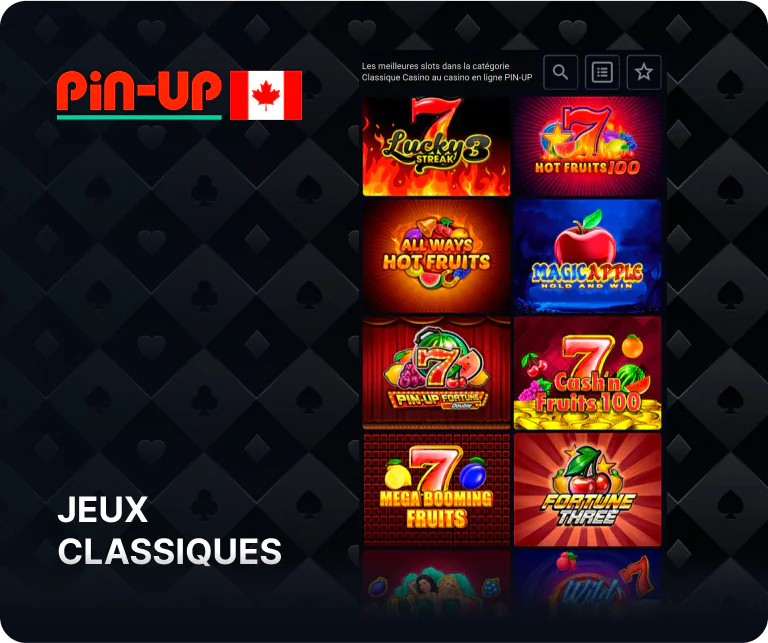 Les machines à sous Pin Up Classic Casino incluent les machines à sous 777, le signe BAR et d'autres jeux similaires bien connus