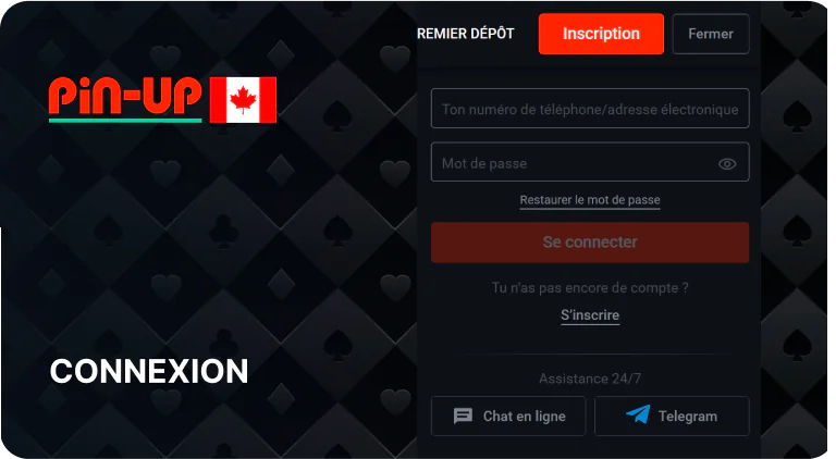 Pour vous connecter à Pinup Canada, cliquez sur le bouton en haut de l'écran et remplissez le formulaire