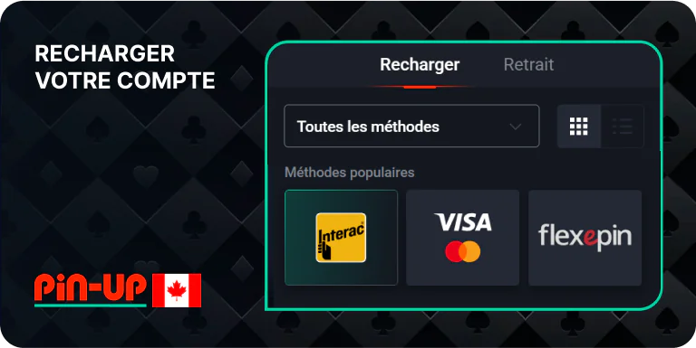 Connectez-vous ou inscrivez-vous et rechargez votre compte Pin Up Canada