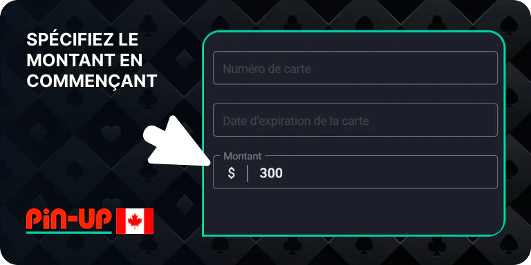 Précisez le montant d'argent que vous souhaitez retirer de Pin Up CA