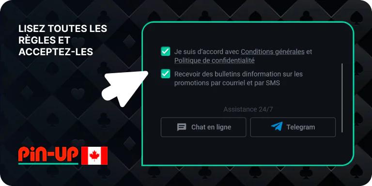 Lisez et acceptez les conditions générales de Pin Up pour créer un profil